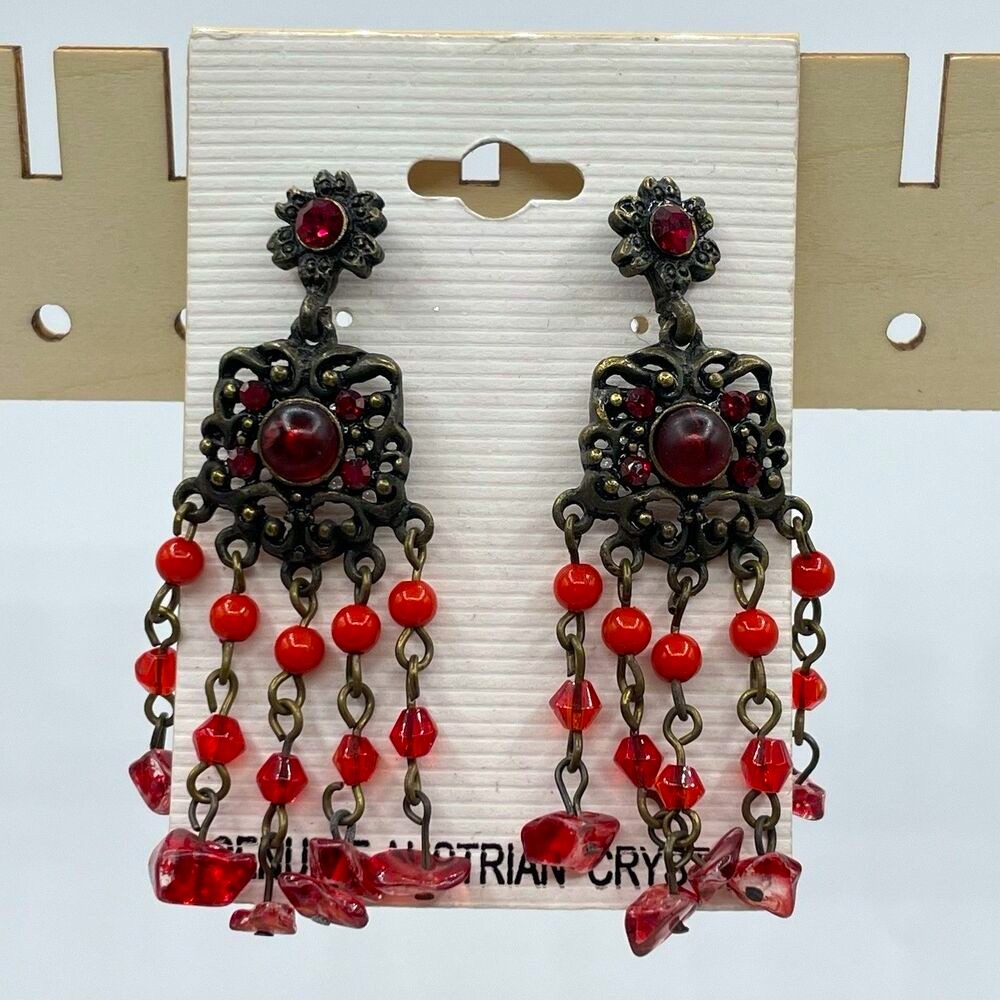 Antique Gold Red Austrian Crystal Chandelier Dangle Earrings Vintage Art Deco